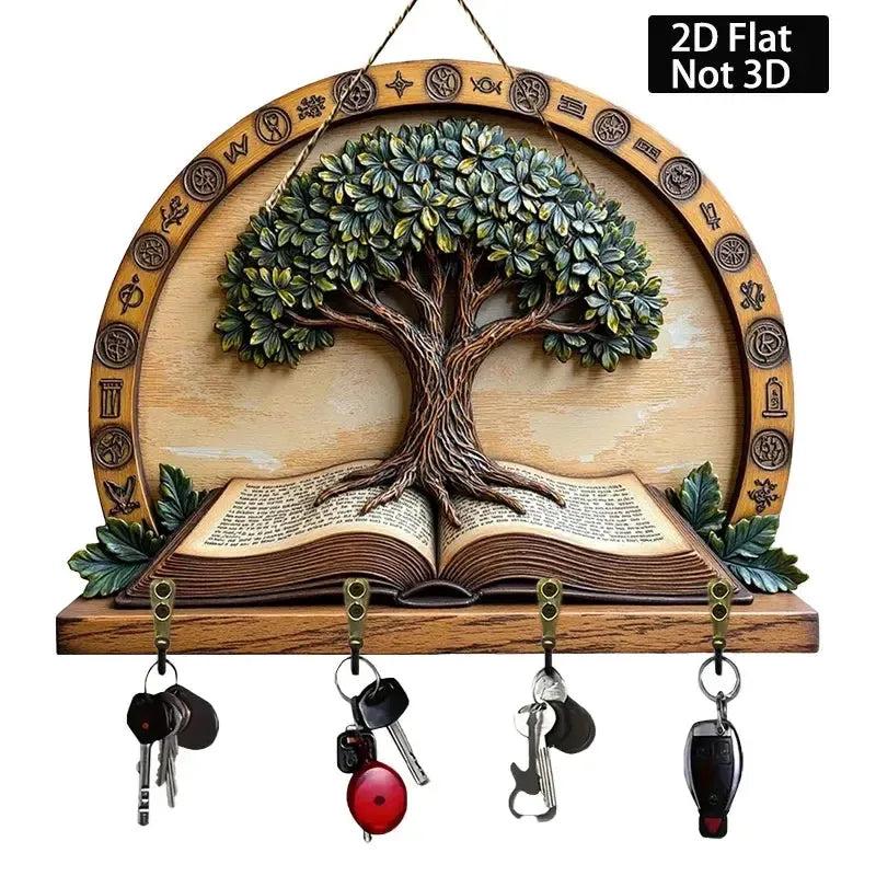 2D Wicca Pagan Tree of Life Wood Key Rack - Spirit Tree Key Holder 4 Metal Hooks-MoonChildWorld