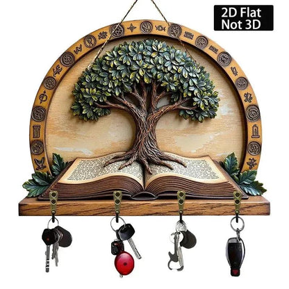 2D Wicca Pagan Tree of Life Wood Key Rack - Spirit Tree Key Holder 4 Metal Hooks-MoonChildWorld