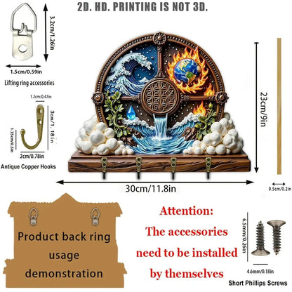 2D Wicca Pagan Wood Key Rack - Natural Elements Earth Water Fire Wind Key Holder 4 Metal Hooks-MoonChildWorld