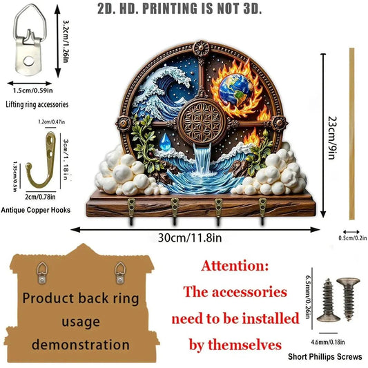 2D Wicca Pagan Wood Key Rack - Natural Elements Earth Water Fire Wind Key Holder 4 Metal Hooks-MoonChildWorld