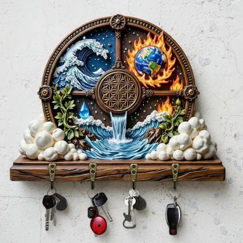 2D Wicca Pagan Wood Key Rack - Natural Elements Earth Water Fire Wind Key Holder 4 Metal Hooks-MoonChildWorld