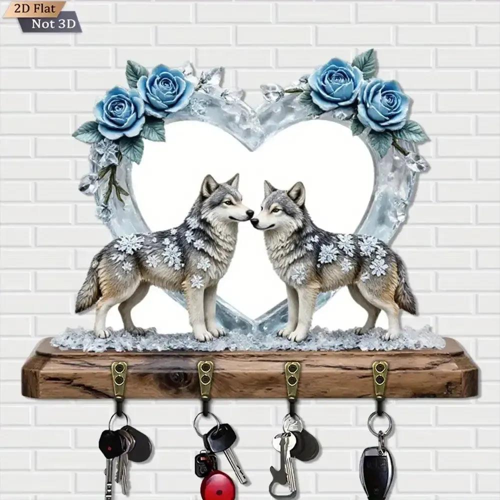 2D Winter Wolf Wooden Key Holder with Four Metal Hooks-MoonChildWorld