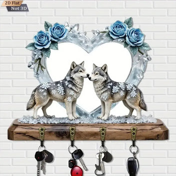 2D Winter Wolf Wooden Key Holder with Four Metal Hooks