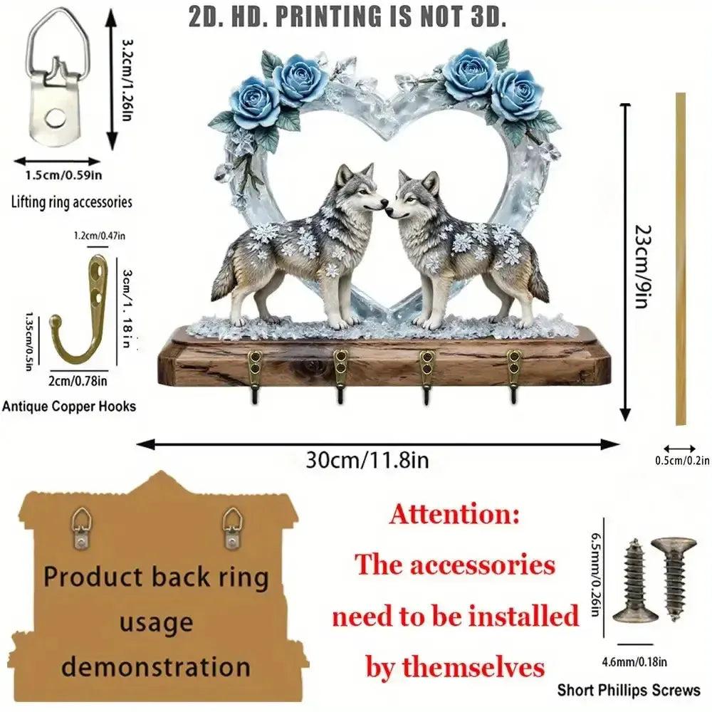 2D Winter Wolf Wooden Key Holder with Four Metal Hooks-MoonChildWorld