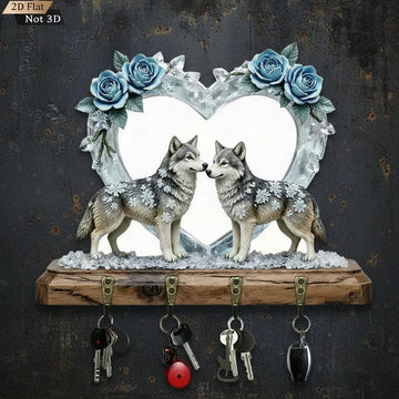 2D Winter Wolf Wooden Key Holder with Four Metal Hooks-MoonChildWorld