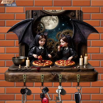 2D Witch Sisters Gothic Bat Wood Key Rack - Halloween Key Holder 4 Metal Hooks for Witch Wall Decor-MoonChildWorld