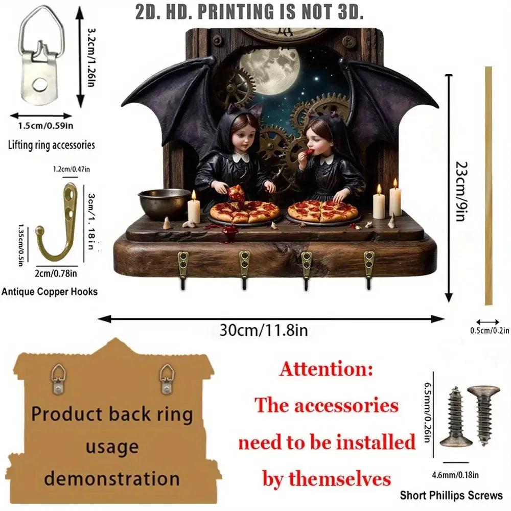 2D Witch Sisters Gothic Bat Wood Key Rack - Halloween Key Holder 4 Metal Hooks for Witch Wall Decor-MoonChildWorld