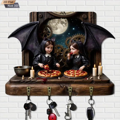 2D Witch Sisters Gothic Bat Wood Key Rack - Halloween Key Holder 4 Metal Hooks for Witch Wall Decor-MoonChildWorld