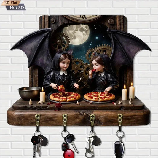 2D Witch Sisters Gothic Bat Wood Key Rack - Halloween Key Holder 4 Metal Hooks for Witch Wall Decor-MoonChildWorld