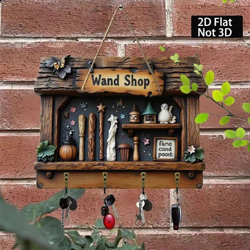 2D Witch Wand Shop Key Holder 4 Metal Hooks - Wicca Wood Key Rack-MoonChildWorld