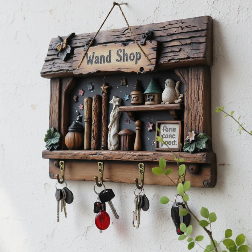 2D Witch Wand Shop Key Holder 4 Metal Hooks - Wicca Wood Key Rack-MoonChildWorld