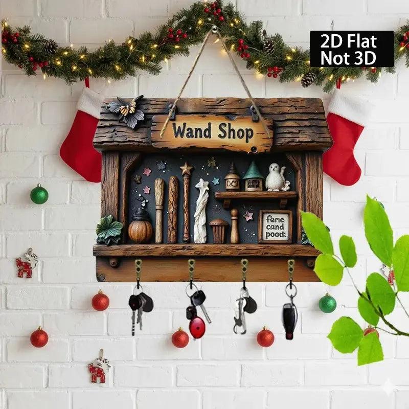 2D Witch Wand Shop Key Holder 4 Metal Hooks - Wicca Wood Key Rack-MoonChildWorld