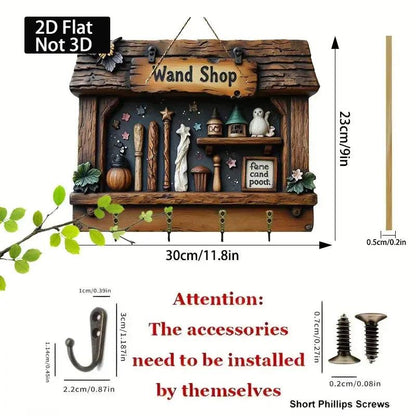 2D Witch Wand Shop Key Holder 4 Metal Hooks - Wicca Wood Key Rack-MoonChildWorld