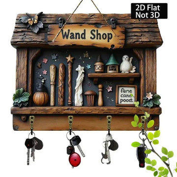 2D Witch Wand Shop Key Holder 4 Metal Hooks - Wicca Wood Key Rack-MoonChildWorld