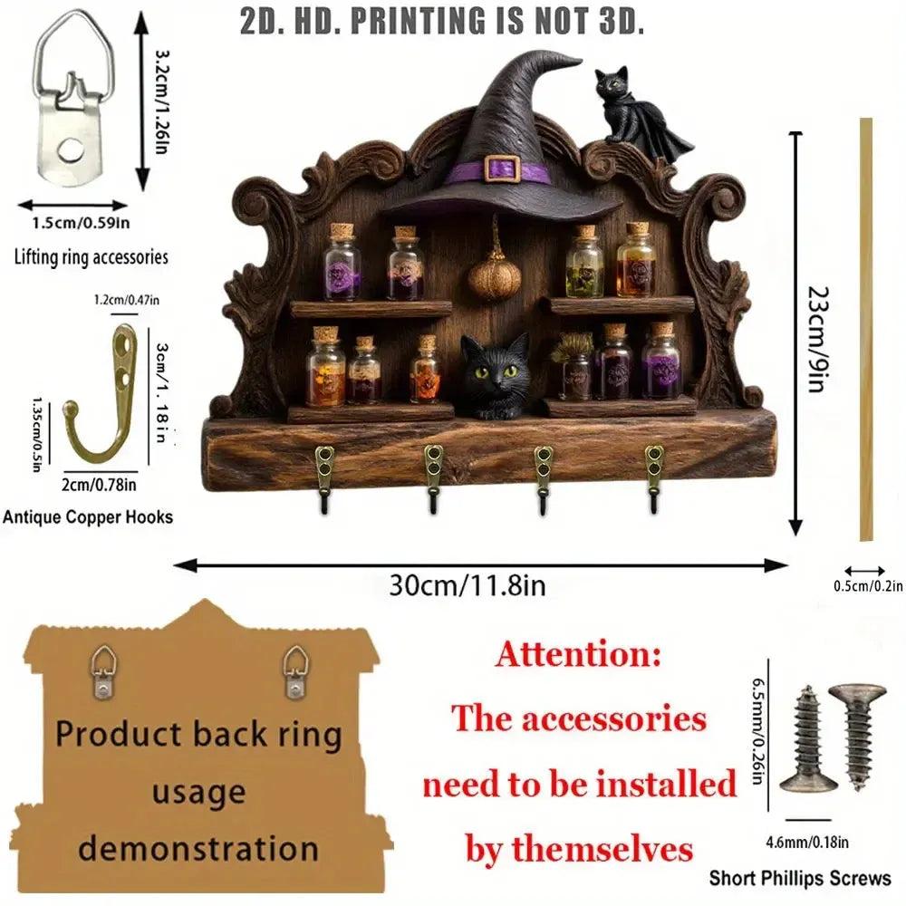 2D Witchcraft Potion Key Holder 4 Metal Hooks - Witch Wood Key Rack Halloween Wall Decor-MoonChildWorld
