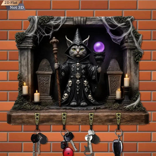 2D Wizard Cat Gothic Wood Key Rack - Halloween Cat Key Holder 4 Metal Hooks for Witch Wall Decor-MoonChildWorld
