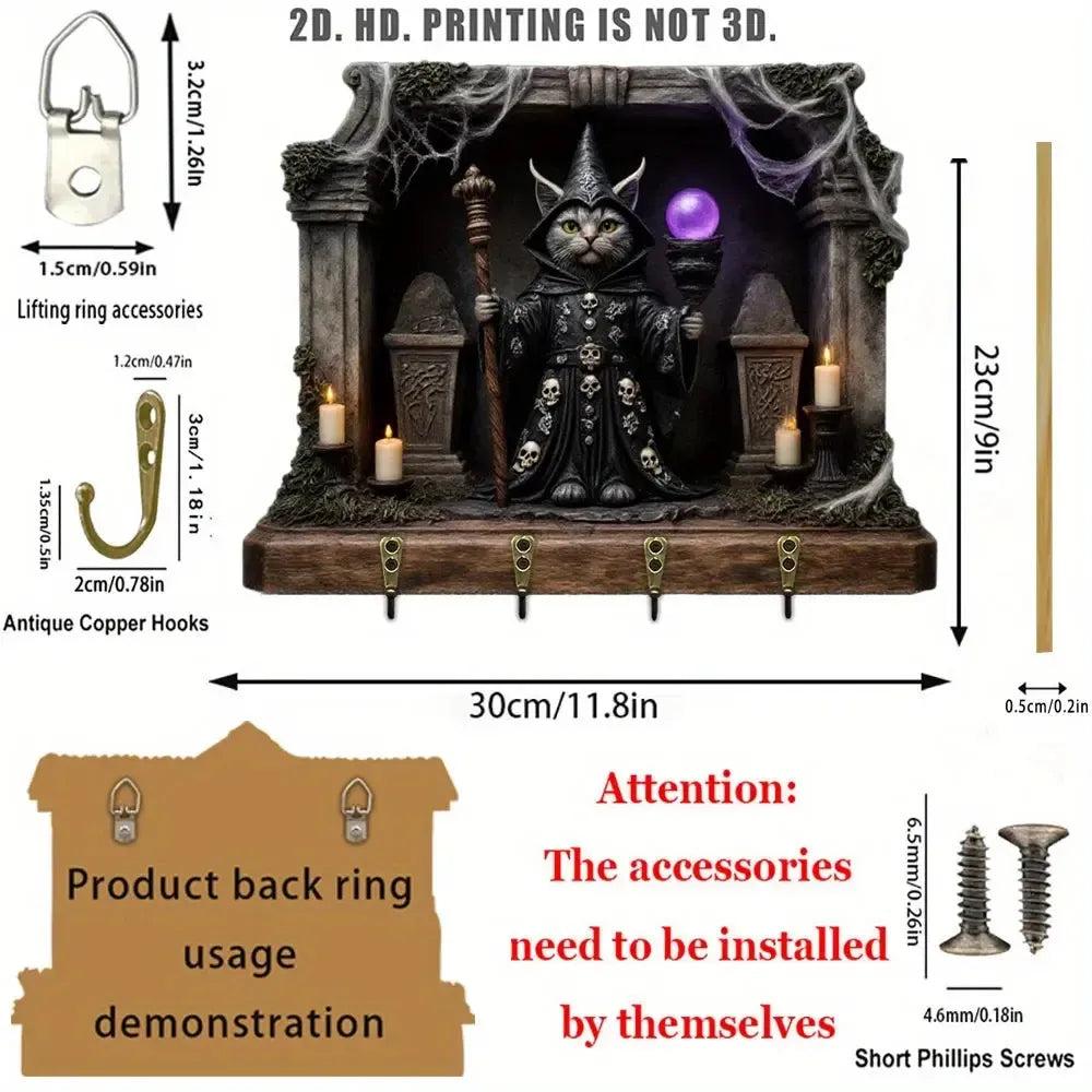 2D Wizard Cat Gothic Wood Key Rack - Halloween Cat Key Holder 4 Metal Hooks for Witch Wall Decor-MoonChildWorld