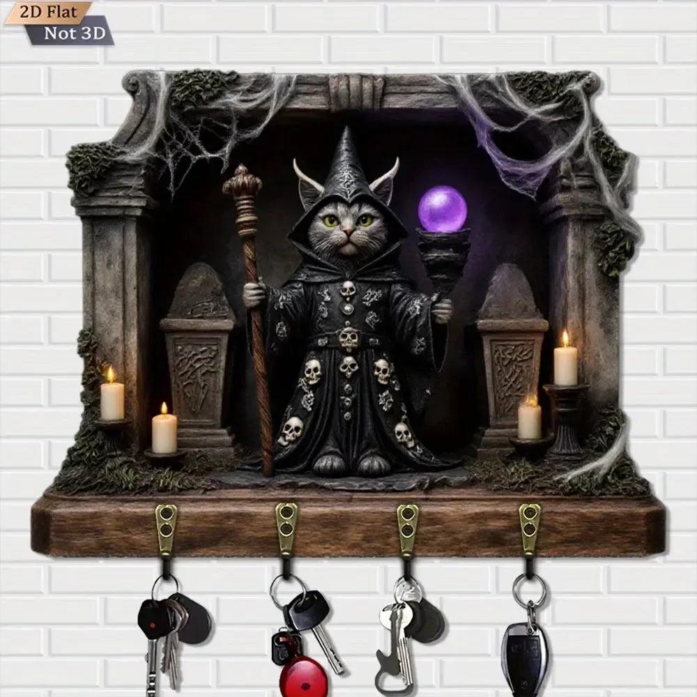 2D Wizard Cat Gothic Wood Key Rack - Halloween Cat Key Holder 4 Metal Hooks for Witch Wall Decor-MoonChildWorld