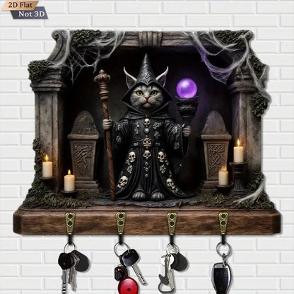 2D Wizard Cat Gothic Wood Key Rack - Halloween Cat Key Holder 4 Metal Hooks for Witch Wall Decor-MoonChildWorld