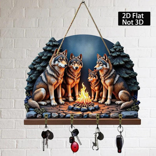 2D Wolf Campfire Wooden Key Holder with Four Metal Hooks-MoonChildWorld
