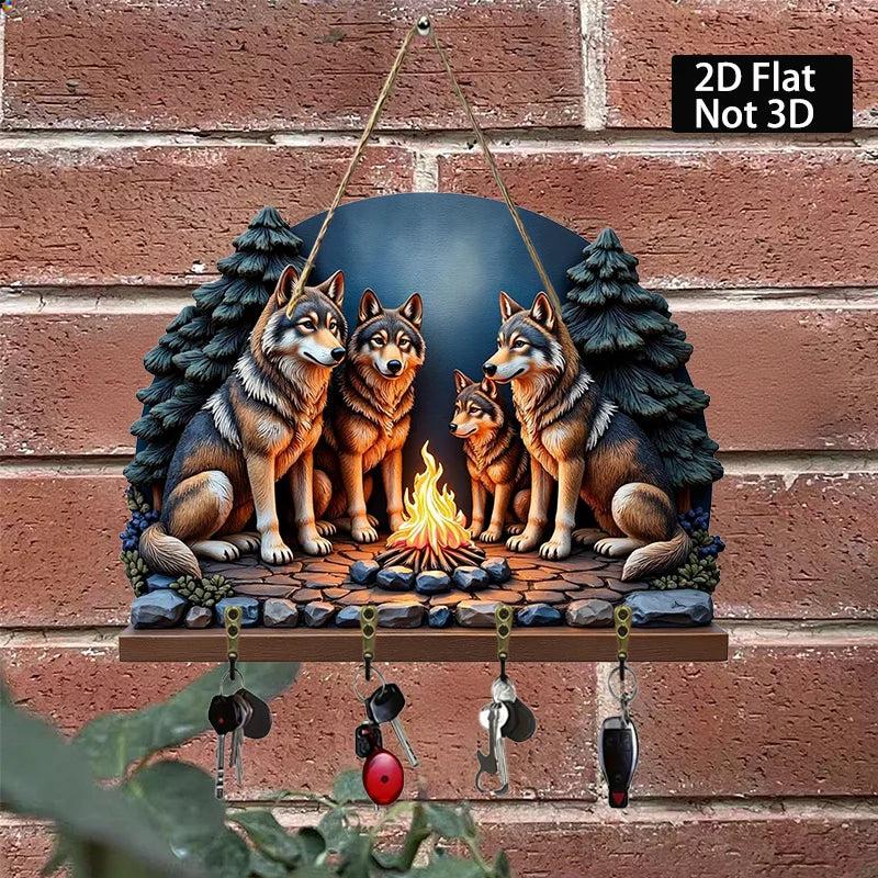 2D Wolf Campfire Wooden Key Holder with Four Metal Hooks-MoonChildWorld