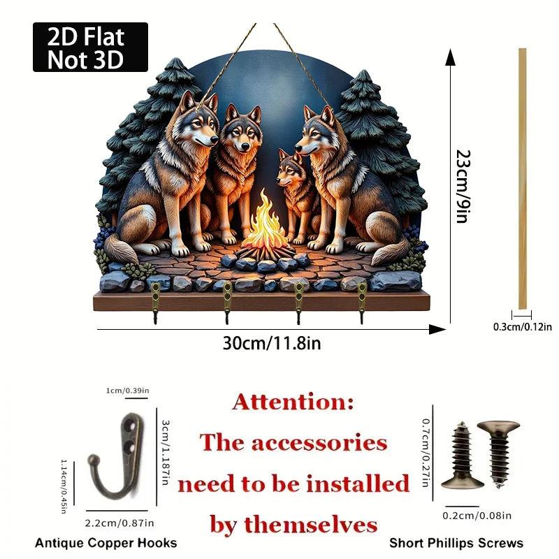 2D Wolf Campfire Wooden Key Holder with Four Metal Hooks-MoonChildWorld