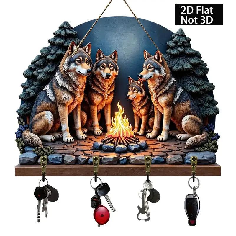 2D Wolf Campfire Wooden Key Holder with Four Metal Hooks-MoonChildWorld