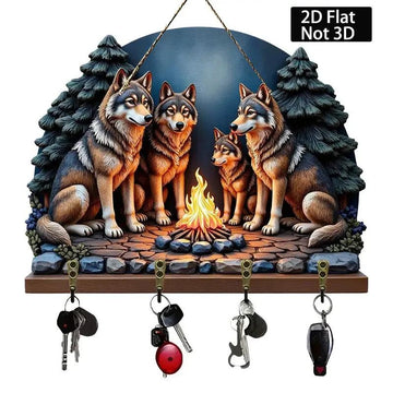 2D Wolf Campfire Wooden Key Holder with Four Metal Hooks-MoonChildWorld