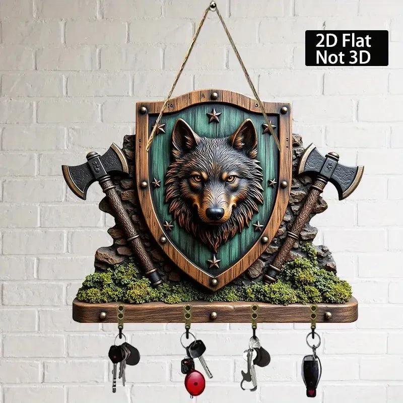 2D Wolf Head Shield with Stars and Axes Key Holder 4 Metal Hooks - Mystic Wood Key Rack-MoonChildWorld