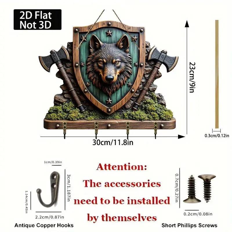 2D Wolf Head Shield with Stars and Axes Key Holder 4 Metal Hooks - Mystic Wood Key Rack-MoonChildWorld
