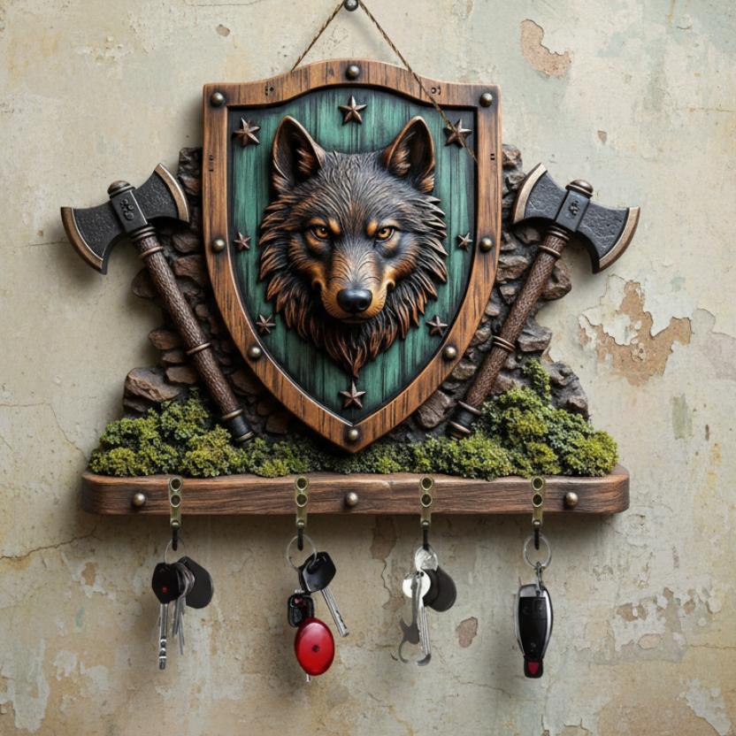2D Wolf Head Shield with Stars and Axes Key Holder 4 Metal Hooks - Mystic Wood Key Rack-MoonChildWorld