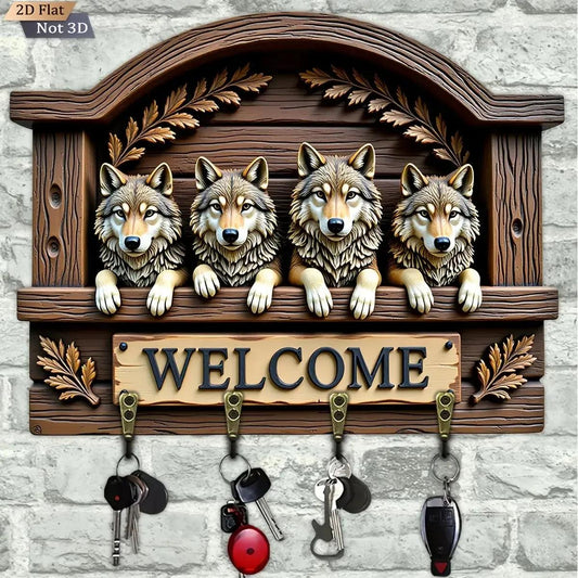 2D Wolves Key Holder 4 Metal Hooks - Mystic Wolf Wood Key Rack-MoonChildWorld
