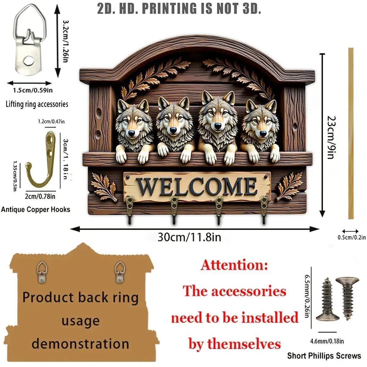 2D Wolves Key Holder 4 Metal Hooks - Mystic Wolf Wood Key Rack-MoonChildWorld