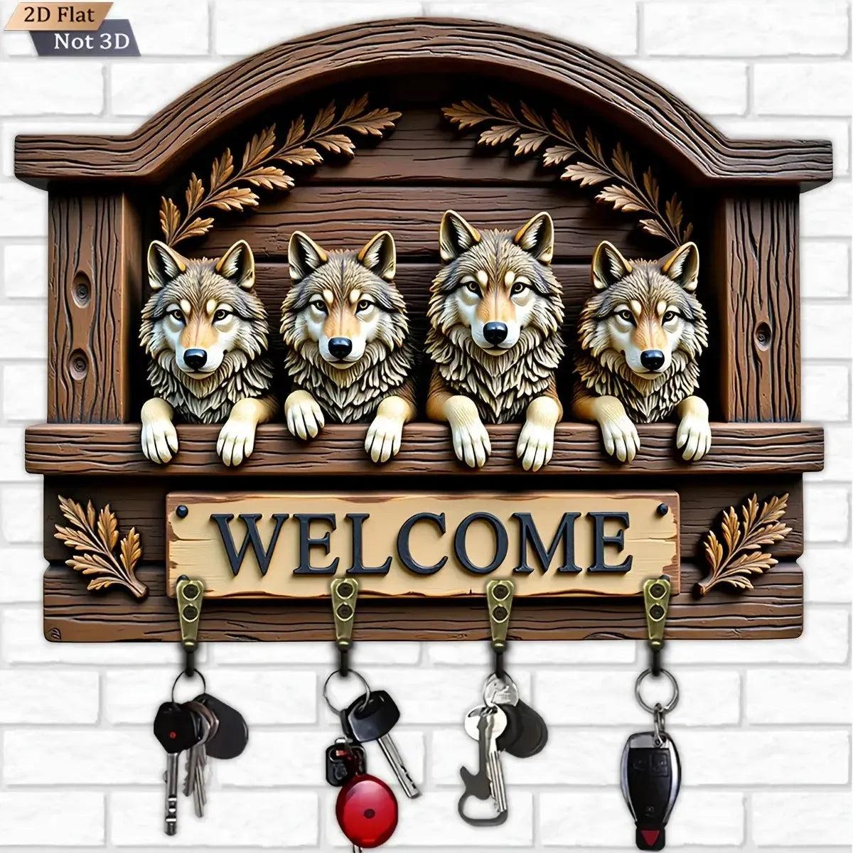 2D Wolves Key Holder 4 Metal Hooks - Mystic Wolf Wood Key Rack-MoonChildWorld