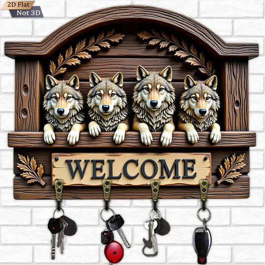 2D Wolves Key Holder 4 Metal Hooks - Mystic Wolf Wood Key Rack-MoonChildWorld