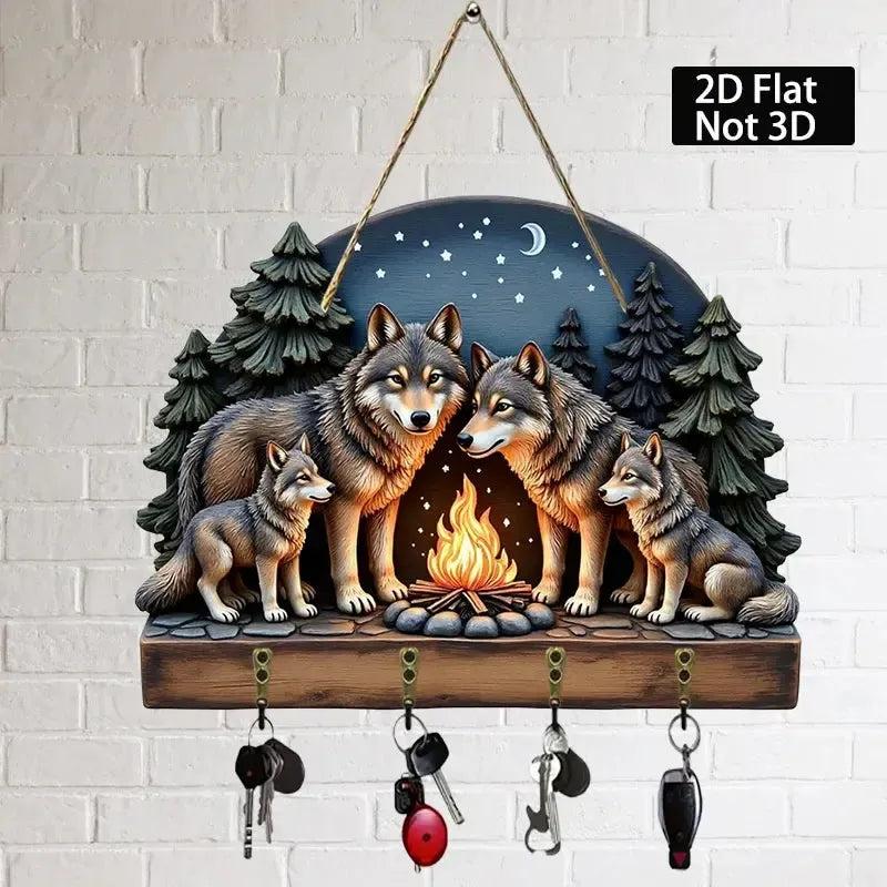 2D Wolves Wooden Key Holder with Four Metal Hooks-MoonChildWorld