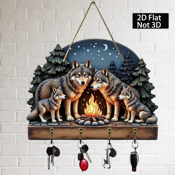 2D Wolves Wooden Key Holder with Four Metal Hooks