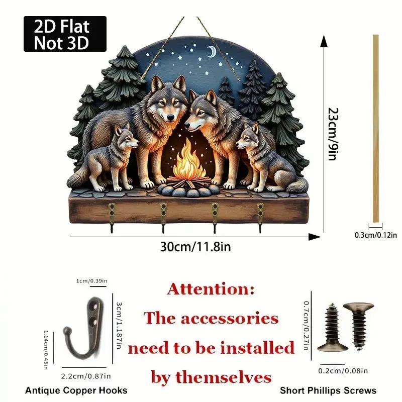 2D Wolves Wooden Key Holder with Four Metal Hooks-MoonChildWorld