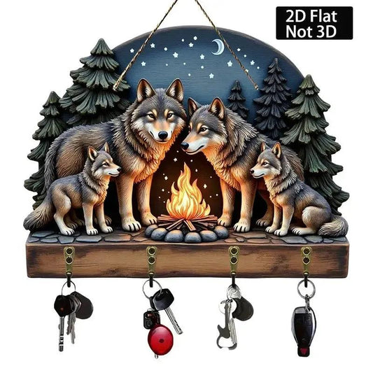 2D Wolves Wooden Key Holder with Four Metal Hooks-MoonChildWorld