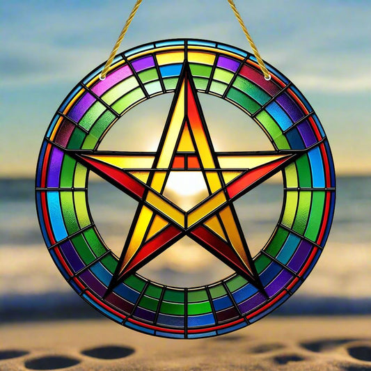 Vibrant Pentacle Suncatcher Wicca Pagan Acrylic Sign