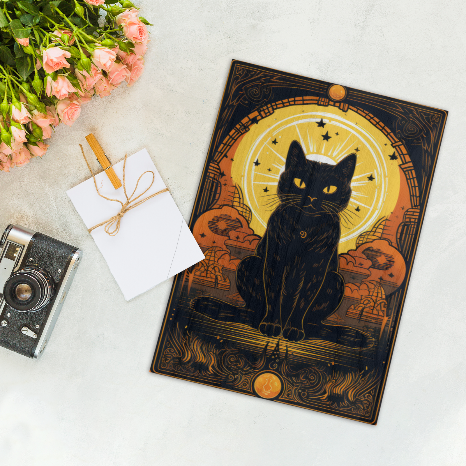 Black Cat Gothic Wood Print Tarot Card Art-MoonChildWorld