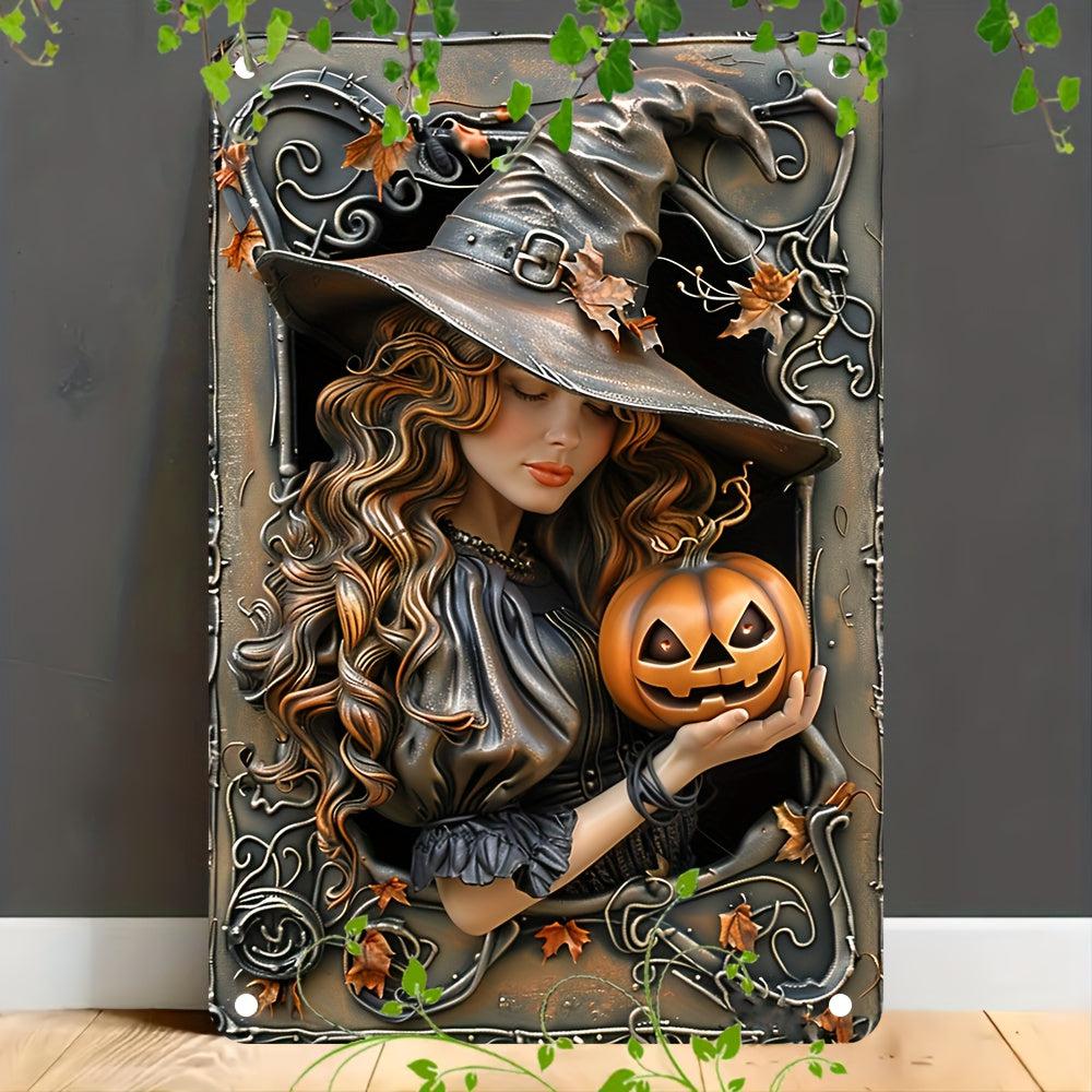 Witch and Pumpkin Wall Art Witch Metal Sign for Halloween Wall Decor-MoonChildWorld