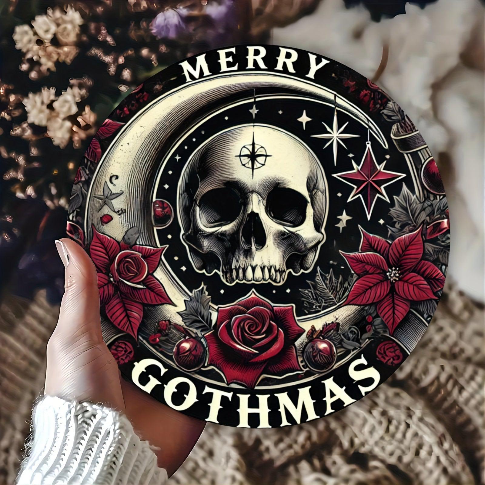 Merry Gothmas Wall Art Gothic Skull Metal Sign for Dark Christmas Decorations-MoonChildWorld