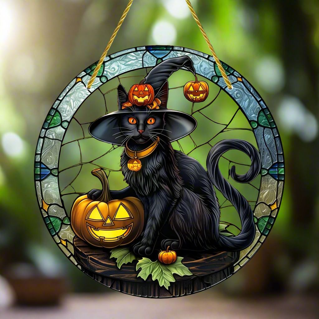 Halloween Suncatcher Magic Black Cat Acrylic Round Sign-MoonChildWorld