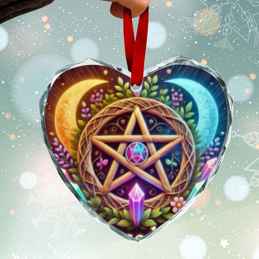 Wicca Magick Pentacle Moon Pagan Yule Heart-Shaped Crystal Glass Ornament