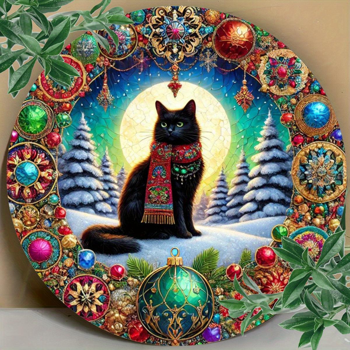 Charming Black Cat Metal Sign for Witchy Christmas Wall Decor-MoonChildWorld