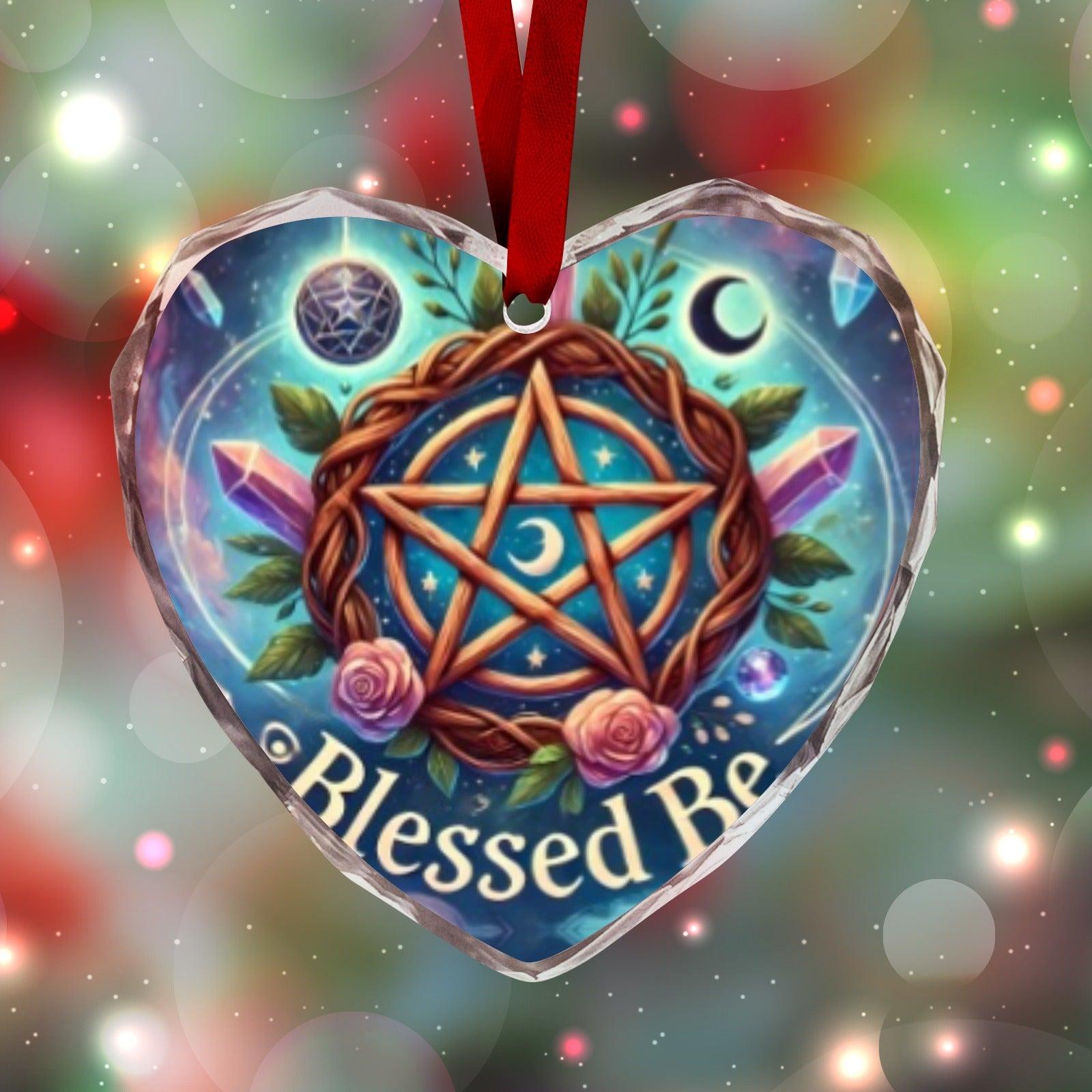 Pagan Yule Pentacle Wicca Christmas Heart-Shaped Crystal Glass Ornament-MoonChildWorld
