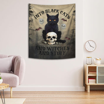 Skull Black Cat Tapestry Gothic Halloween Wall Hanging