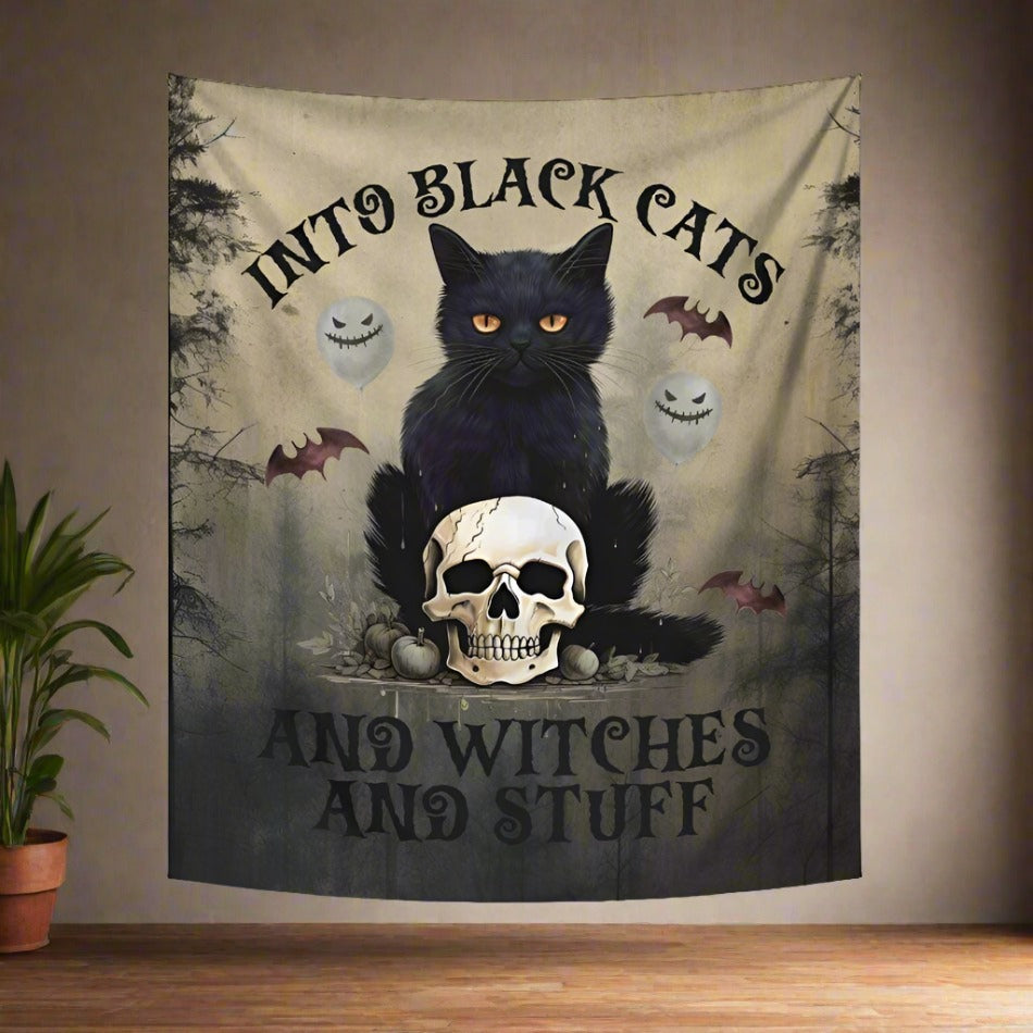 Skull Black Cat Tapestry Gothic Halloween Wall Hanging-MoonChildWorld