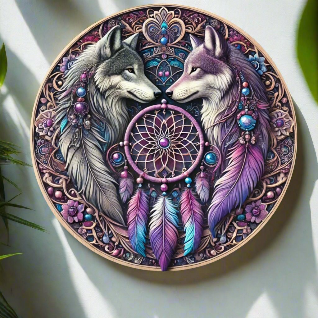 Dreamcatcher Wolves Wall Art Spirit Wolf Metal Sign for Bohemian Decorations-MoonChildWorld